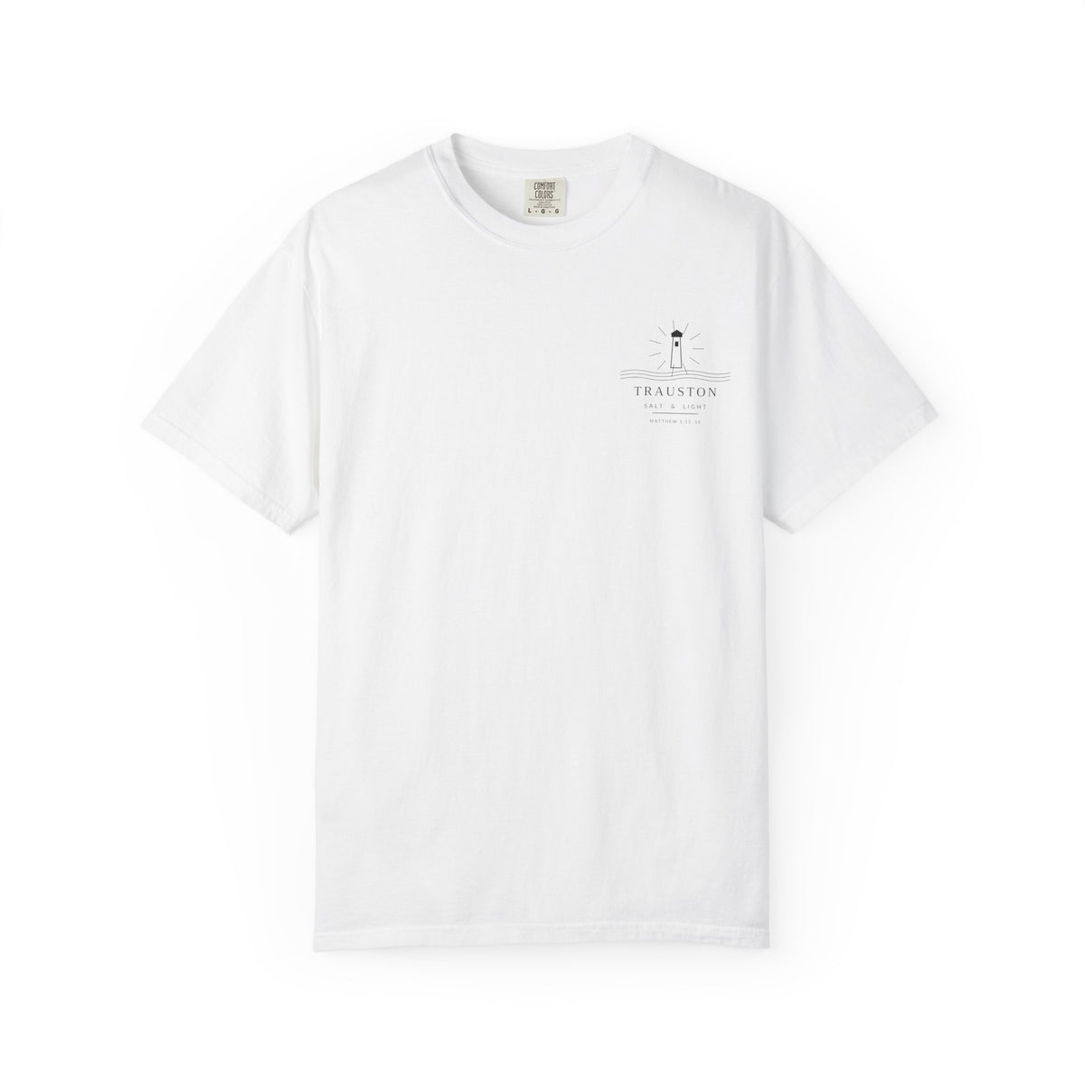 Salt and Light Dark Graphic tee with a small lighthouse-inspired chest design.