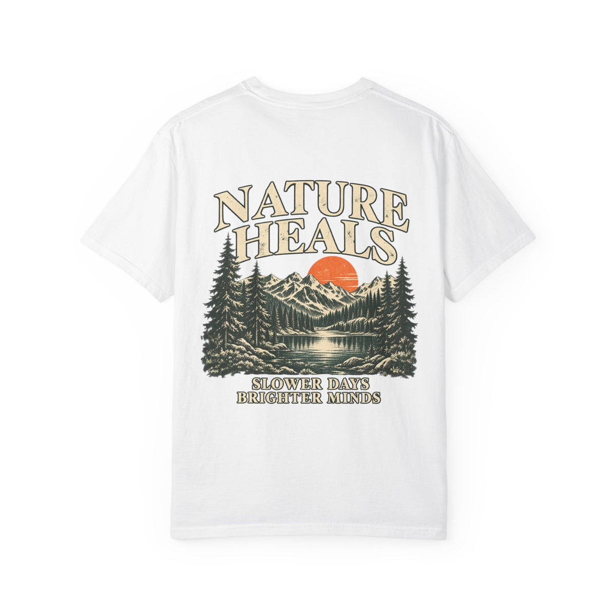 Back of the Nature Heals Garment-Dyed Tee with an outdoors-inspired landscape.