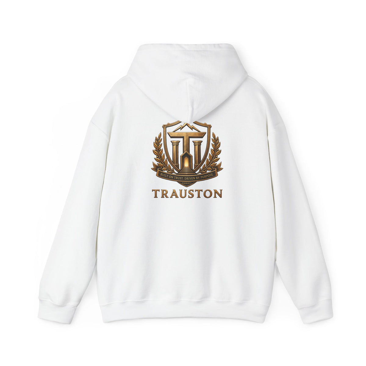 Founders Crest Script Hoodie mockup showing the TRAUSTON crest on the back.