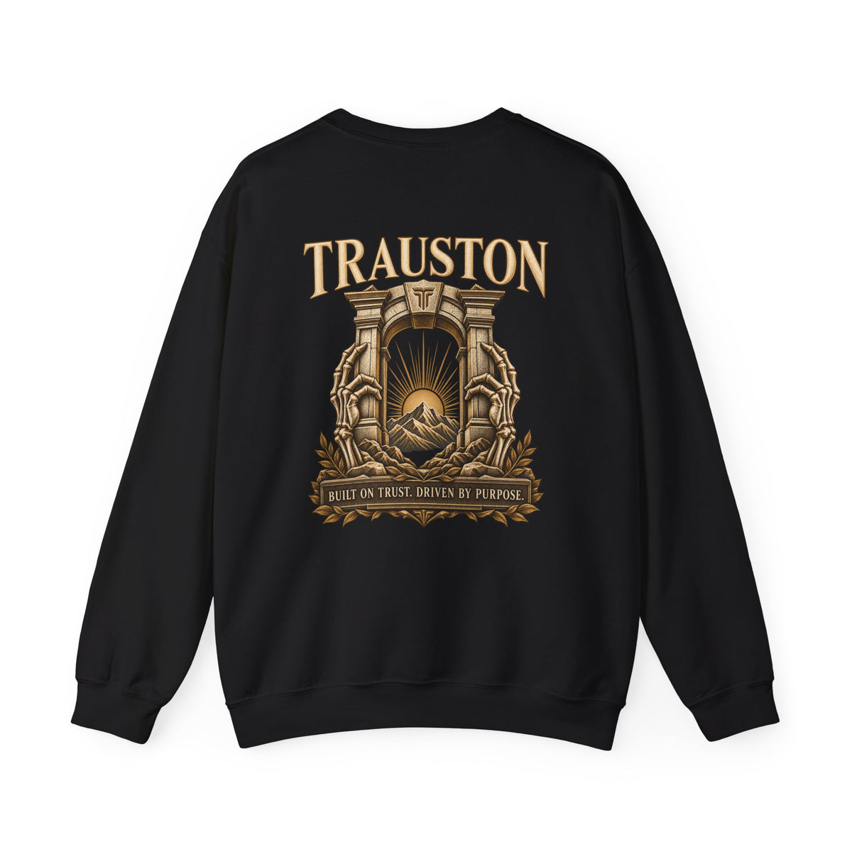 Stone Arch Logo Crewneck Sweatshirt mockup showing the gold-tone stone-arch back graphic.